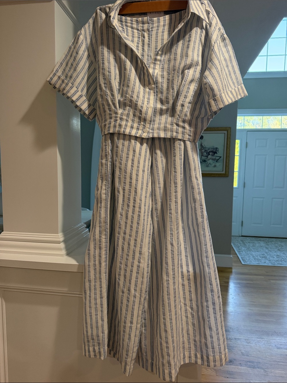 MABLE Blue White Striped 2 Piece Crop Top Wide Leg Pants Set S